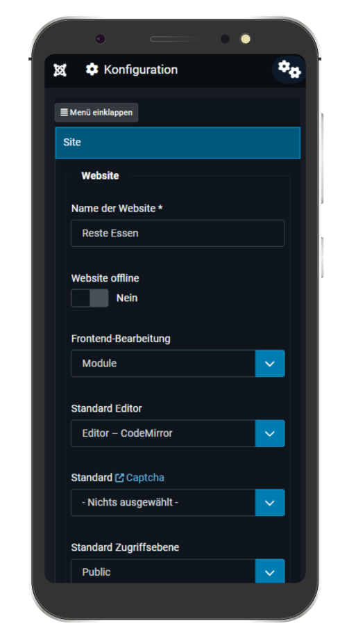 Einstellungsseite von Joomla nur Mobile